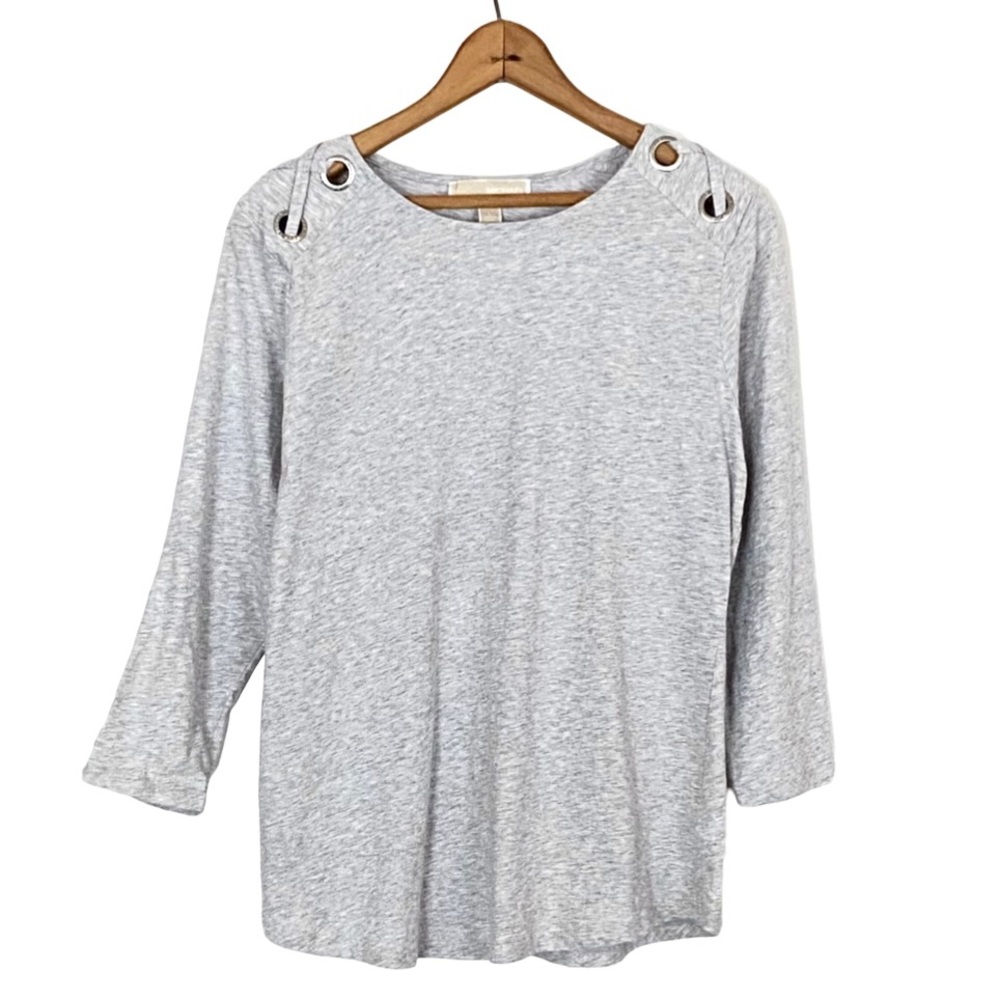 MICHAEL Michael Kors Gray Heather Lace Up Shoulder 1/4 Sleeve T-Shirt Top L